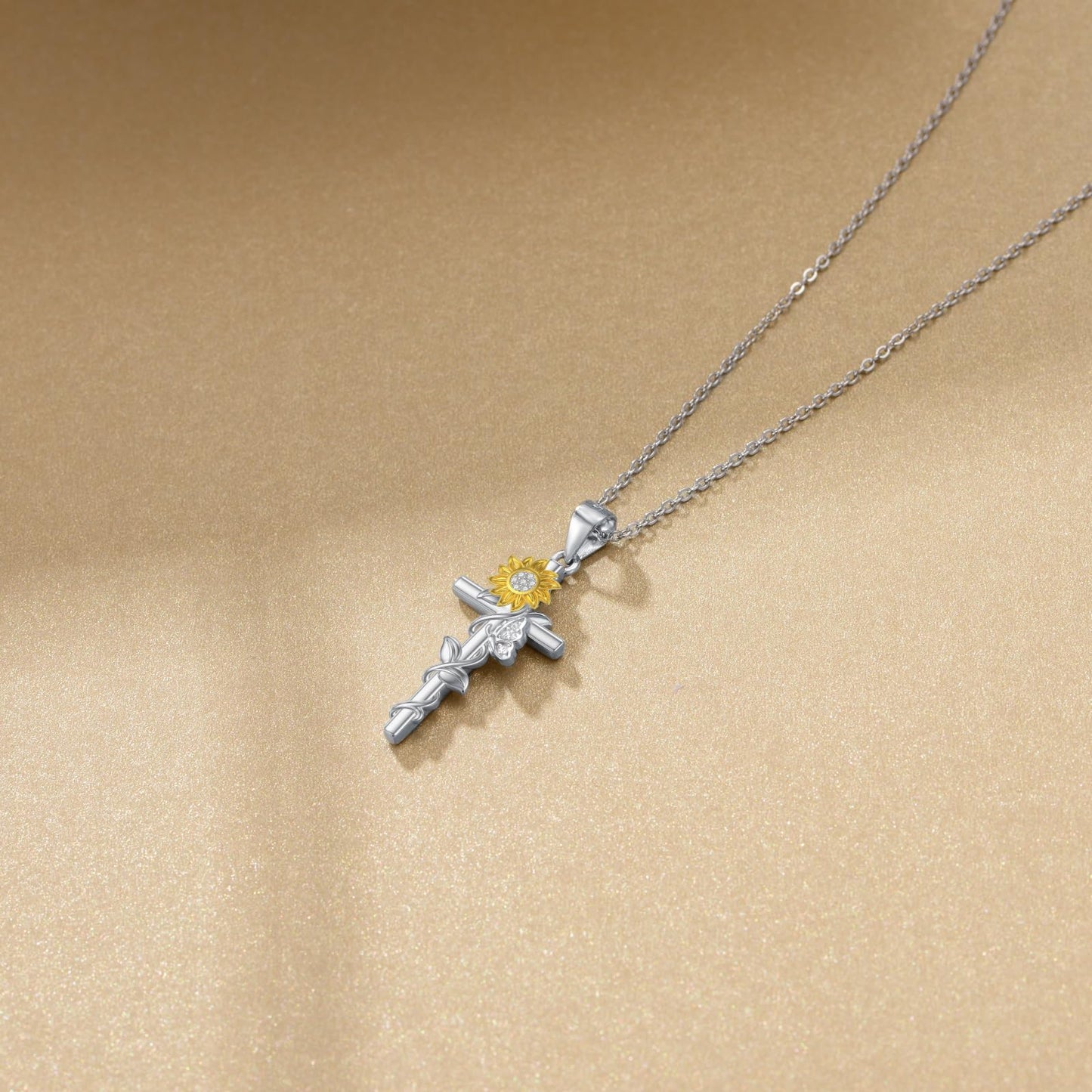 VONALA Cross Necklace 925 Sterling Silver Sunflower Butterfly Jewelry Pendant Sunshine Religious Gift for Women