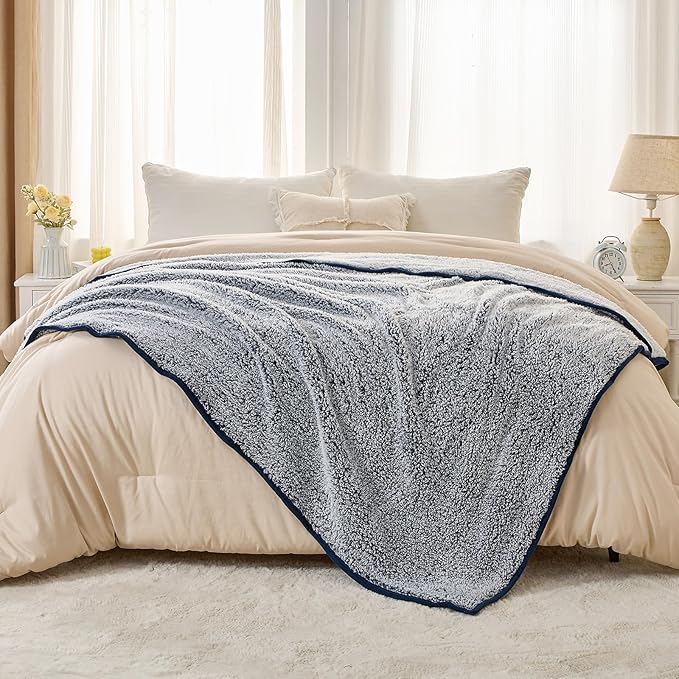 EMME Fuzzy Blanket Soft Fleece Throw Blankets for Women, Fluffy Sherpa Throws(Plush Navy,108"x90")