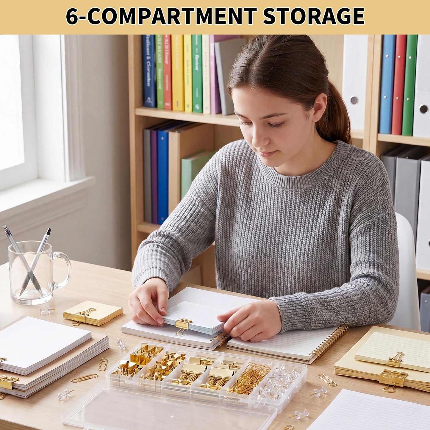 BESARME Gold Paper Clips and Binder Clips Set, 279 Pcs Gold Desk Accessories Assorted Office Essentials in Organizer Box for Office School Home Paper Sorting Note Pinning