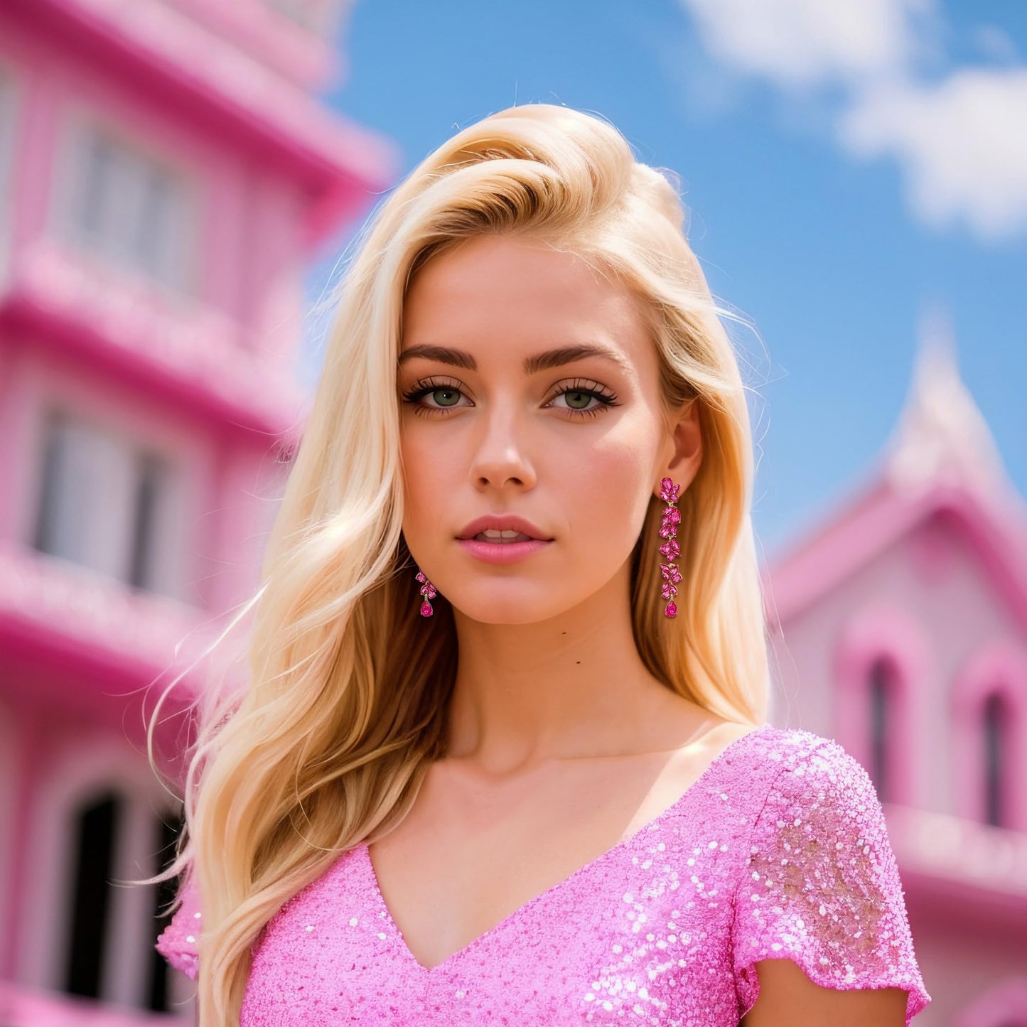 EVER FAITH Wedding Rhinestone Chandelier Dangle Earring for Women, Crystal Art Deco Bridal Teardrop Marquise Long Drop Earrings for Prom Hot Pink