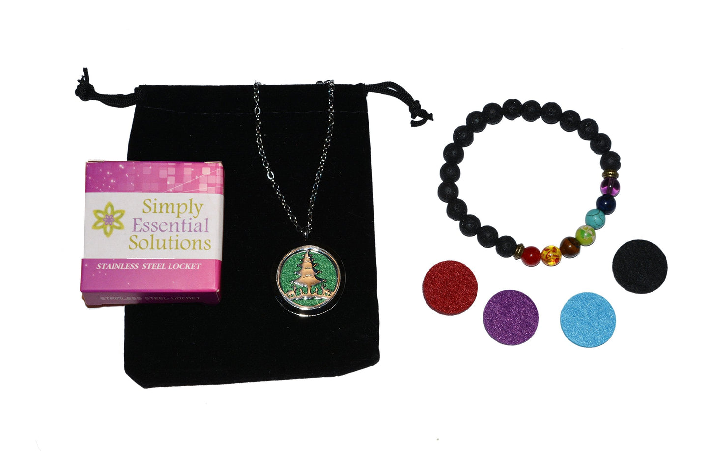 Aromatherapy Essential Oil Diffuser Stainless Steel 30MM Silver Magnetic Locket Pendant with Chain Necklace and Colored Refill Pads & Diffuser Bracelet All in a Velvet Bag (Christmas Tree)