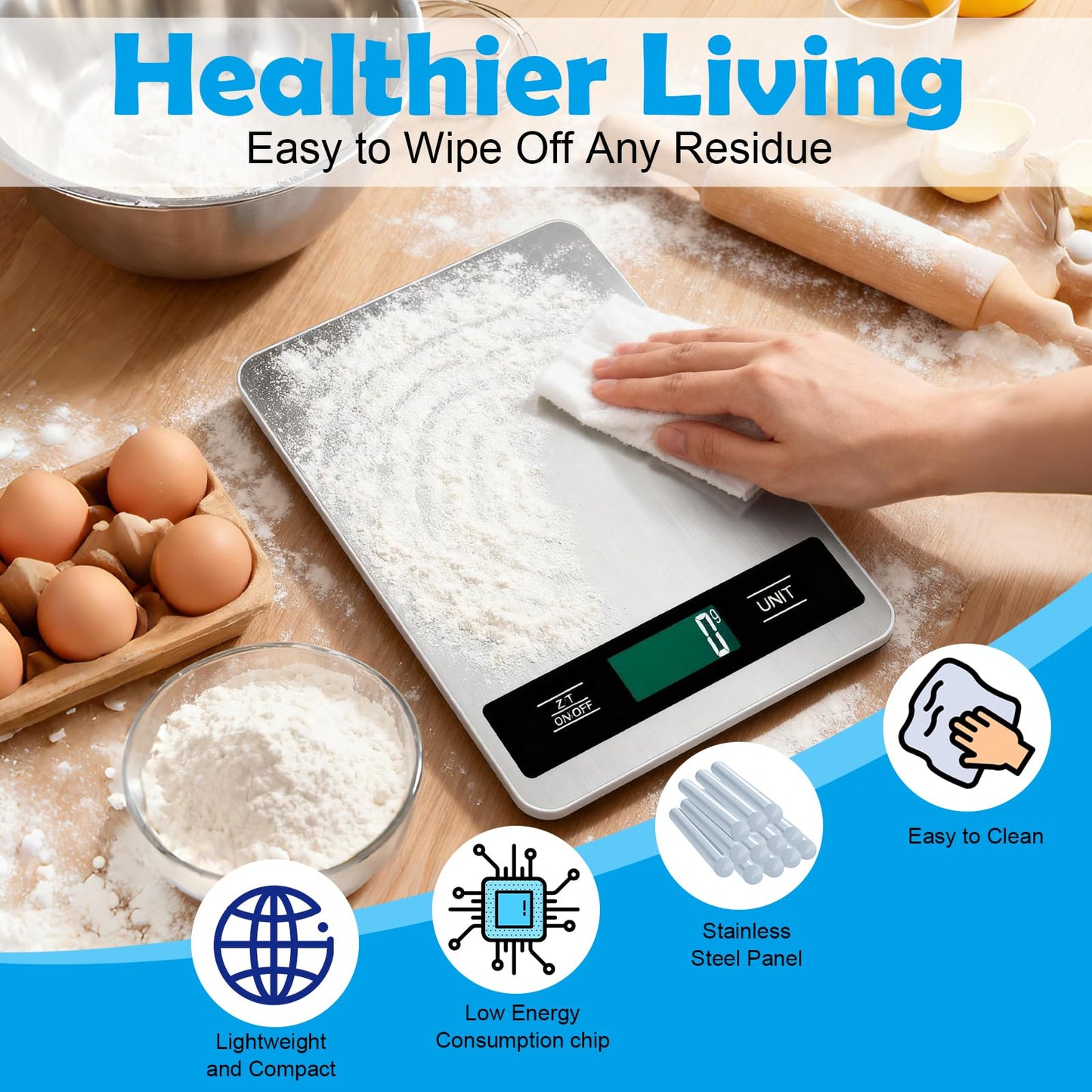 Food Digital Scale 33lb Kitchen Digital Scale Grams and Ounces for Weight Loss Baking Cooking Keto and Meal Prep Backlight LCD Smart Tare Waterproof 304 Stainless Steel