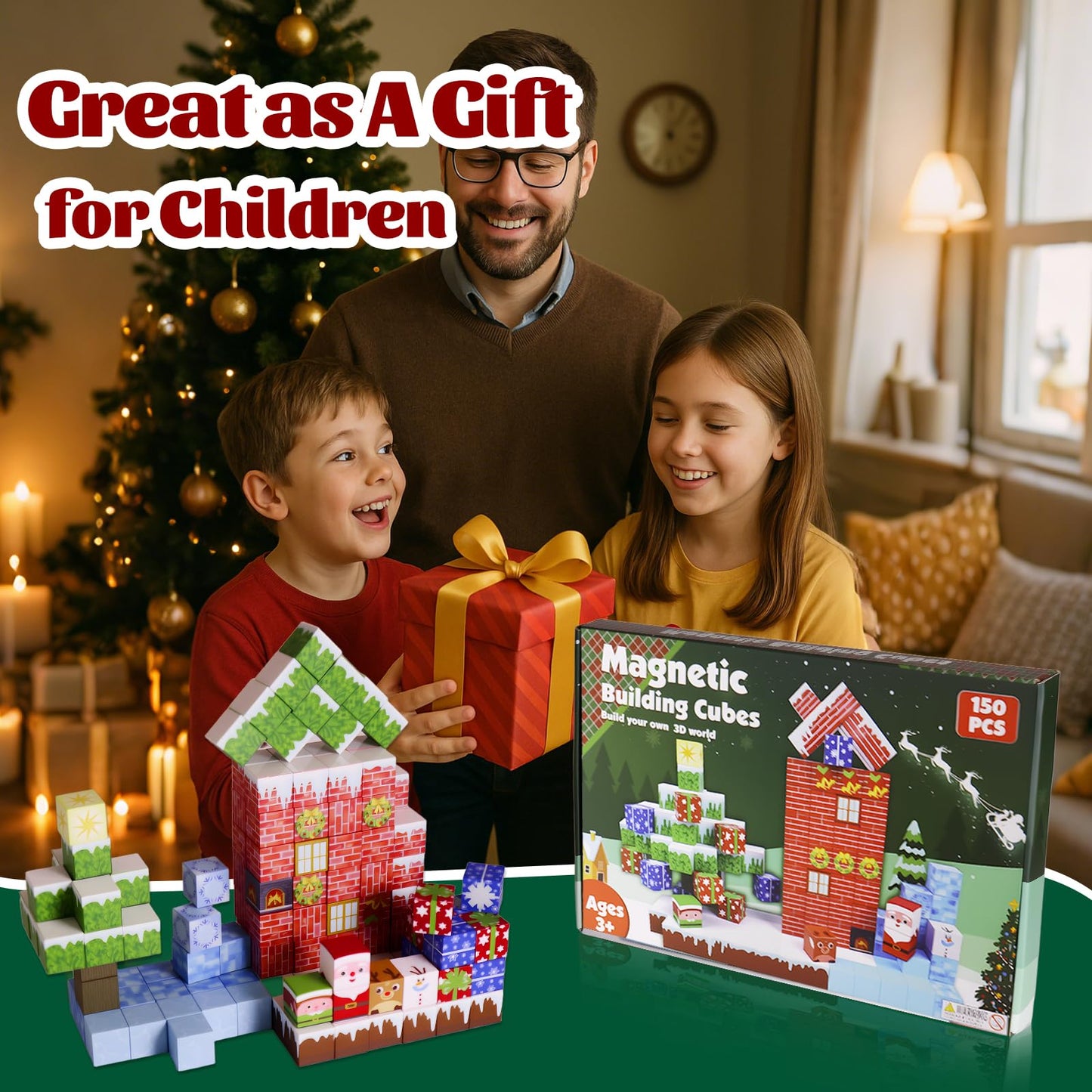 Magnetic Blocks - 150 PCS Magnets Block Sensory Educational Interactive Building Toy Set for Toddlers Kindergarten Creative STEM Learning Gift, Magnet 0.8in Tiles Construction Suit, Snow and Christmas