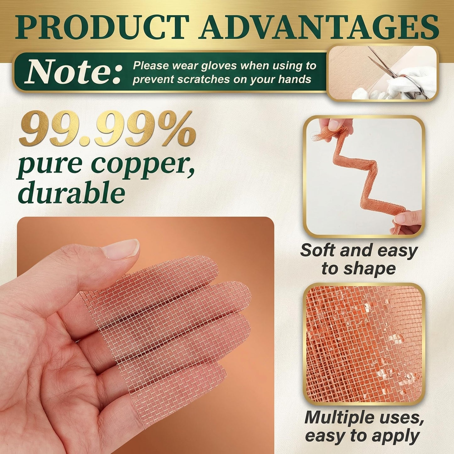 Therwen 12 Inch x 35 ft Copper Mesh Screen 99.9% Pure Copper 40 Mesh Roll Wire Fabric for Grounding Dense Filter Screen Woven Crafts Window Protection