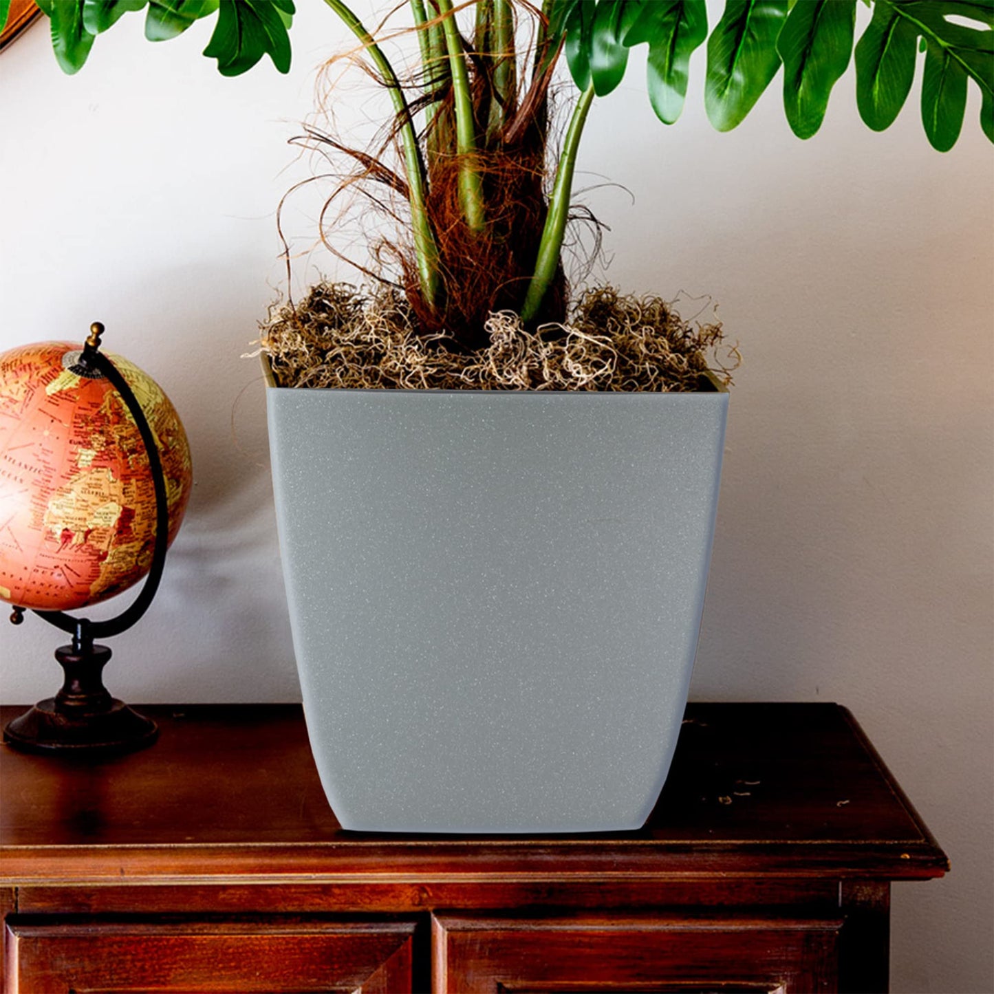 The HC Companies Santa Fe Square Self-Watering Pot - Lightweight Plastic Planter for Herbs & More - Durable Plant Pots for Indoor Plants & Outdoor Plants (12" Pebble Gray, Pack 1)