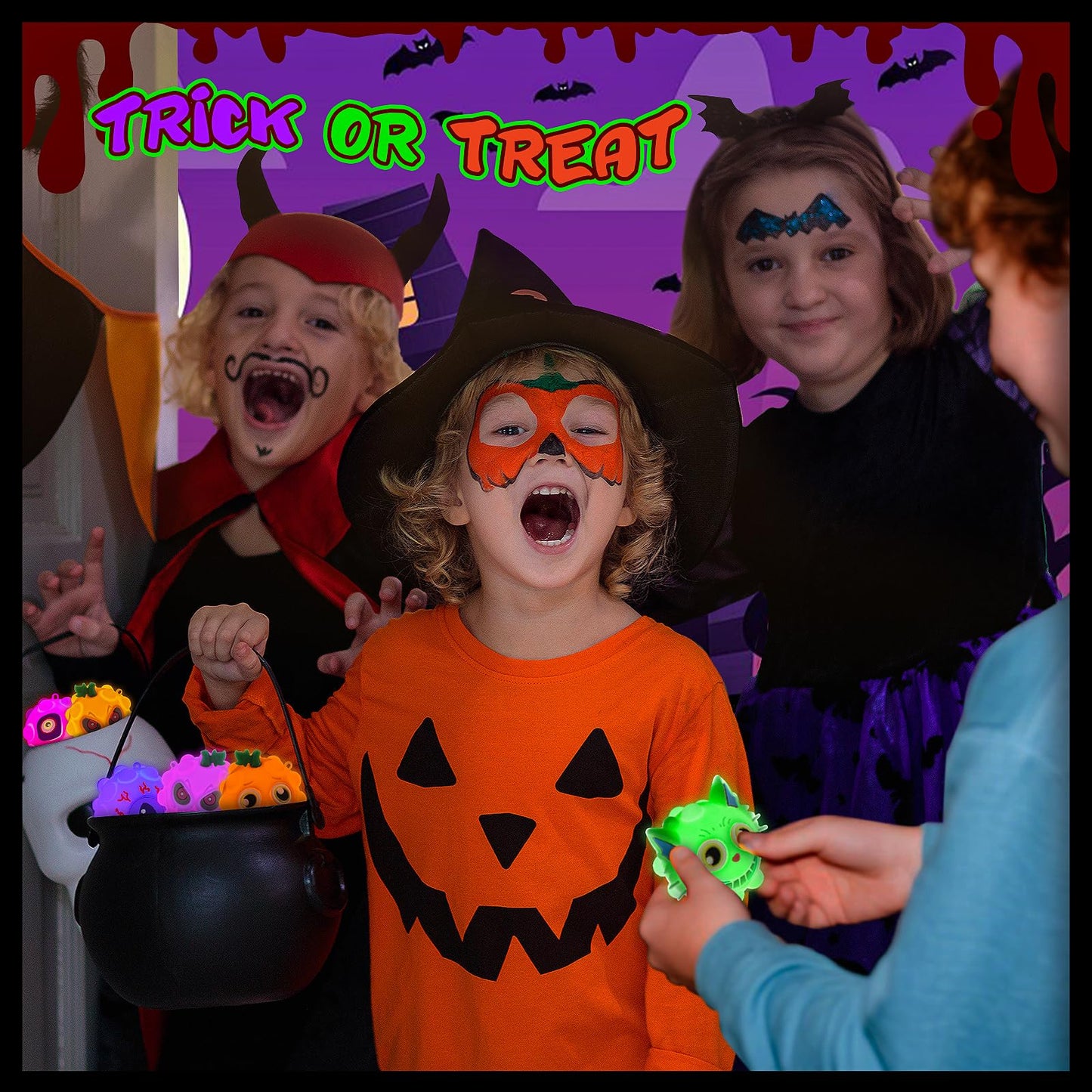 24PCS Light Up Halloween Pop Ball Toys, Halloween Party Favors Gifts for Kids, Trick or Treat Toys for Kids, Halloween Goodie Bag Stuffers,Classroom Prizes