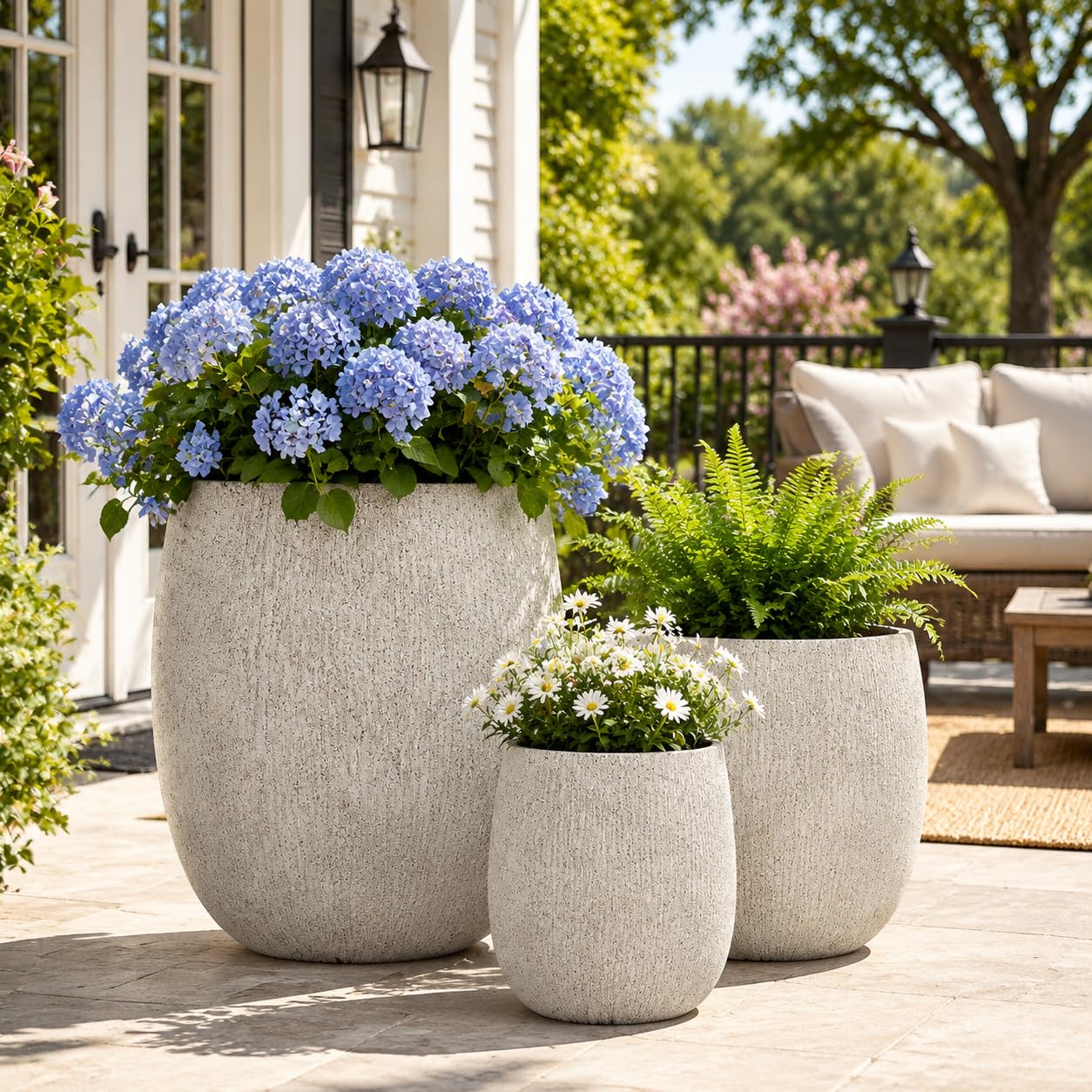 Ningering Egg-Shaped Outdoor Planter Set of 3,Modern Stone-Look Textured Flower Pots with Drainage Holes and Rubber Plug, Suitable for Patio, Garden, Poolside & Indoor (Gray)