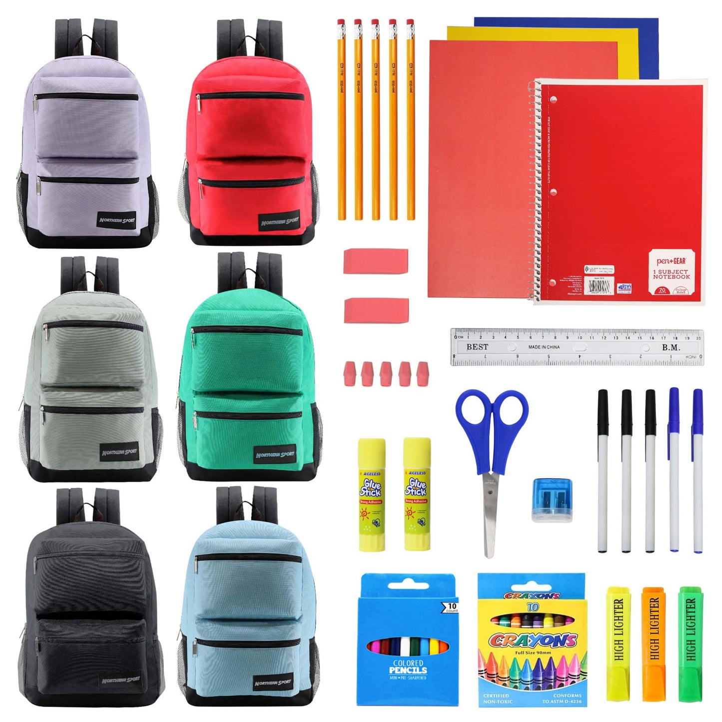 6-Pack 19” Sport Backpacks with 50 Piece School Supplies Kits - Pens, Pencils, Crayons – Bulk Bundle for Elementary, Middle, and High School Students, 6 Assorted Styles