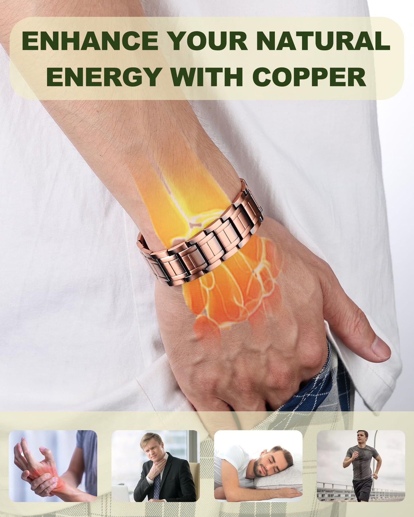 MagEnergy Copper Bracelet for Men, 3X Strength Magnetic Bracelet, 99.99% Pure Copper Jewelry Gift with Sizing Tool