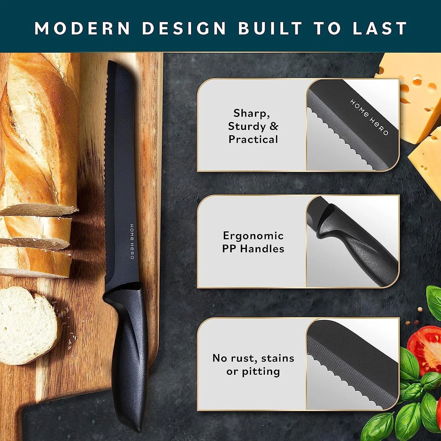 Home Hero Kitchen Knife Set - Wooden Knife Block Organizer - High Carbon Stainless Steel Blades - Ergonomic Handles with Built-In Sharpener & Kitchen Scissors - 16 Pcs, Acrylic Black