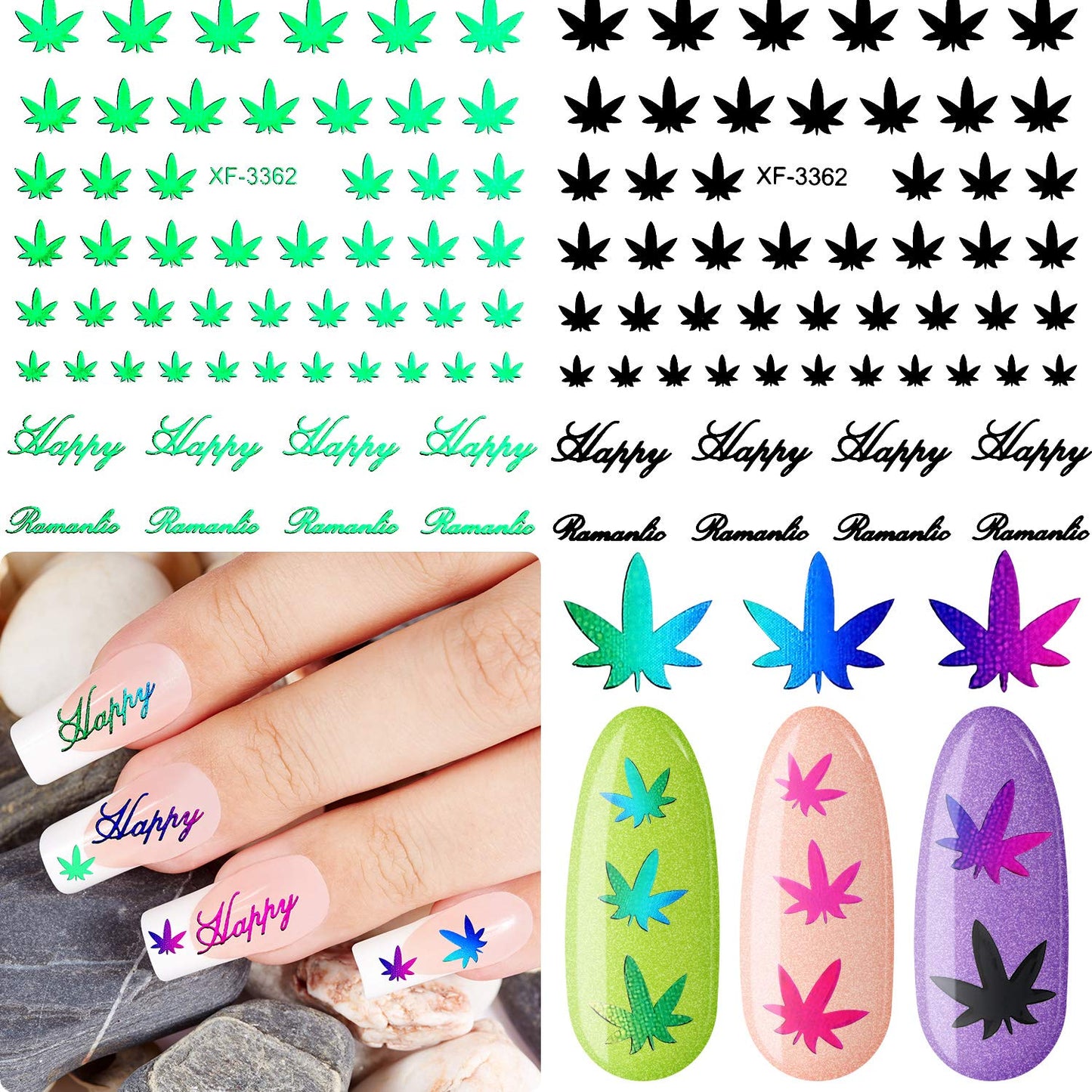 12 Sheets Colorful Leaf Nail Decals - Self-Adhesive Pot Leaves Nail Stickers for Women