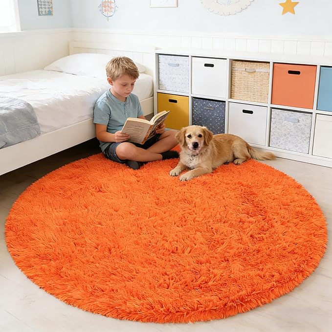 Orange Fluffy Round Rug,Soft Area Rugs for Girls Room,Shaggy Rugs 3'X3' for Living Room,Non Slip Circle Rug for Kids Bedroom,Shag Plush Nursery Carpets,Fuzzy Plush Rug for Dorm,Cute Room Decor Carpet