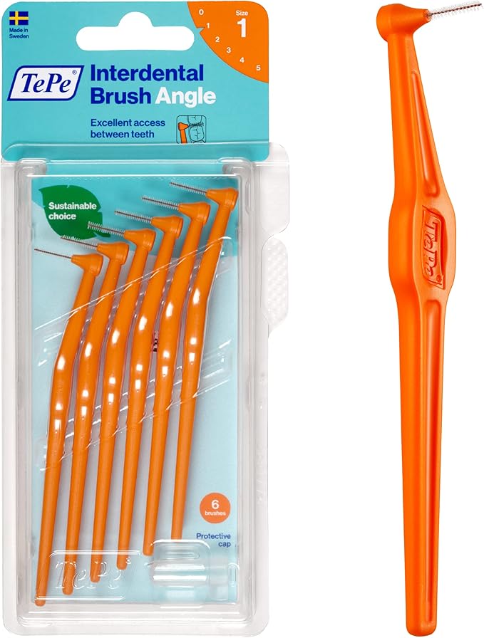 TePe Interdental Brush Angle, Angled Dental Brush for Teeth Cleaning, Pack of 6, 0.45 mm, Extra-Small/Small Gaps, Orange, Size 1