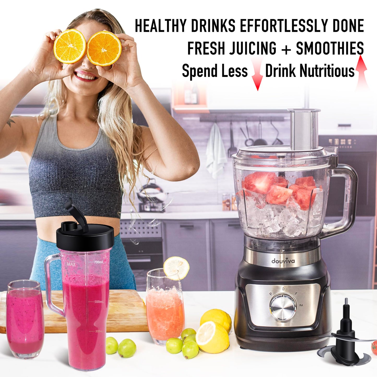 All In One Food Processor Blender Bombo 1000W,8 Cup Food Processor,24oz To-Go Lid Cup, for Smoothies/Shakes/Mixing/Shredding/Slicing/Chopping/Dough/Grinder, Black