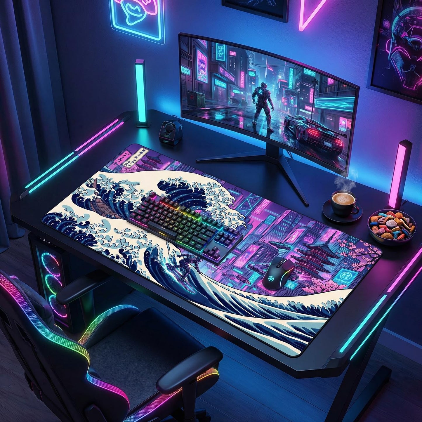 AQQA Cyberpunk Great Wave Gaming Mouse Pad - Japanese Aesthetic Large Desk Mat - XXL Extended Mousepad for Gamers, Neon Retro Wave City Art, Water-Resistant Non-Slip Rubber Base, 31.5"x15.7"