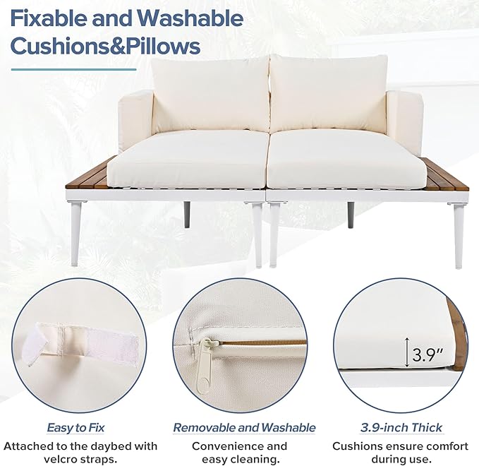 Polibi Patio Metal Daybed with Wood Topped Side Spaces for Drinks,Modern Outdoor Daybed 2 in 1 Padded Chaise Lounges for Poolside, Balcony, Deck,Beige