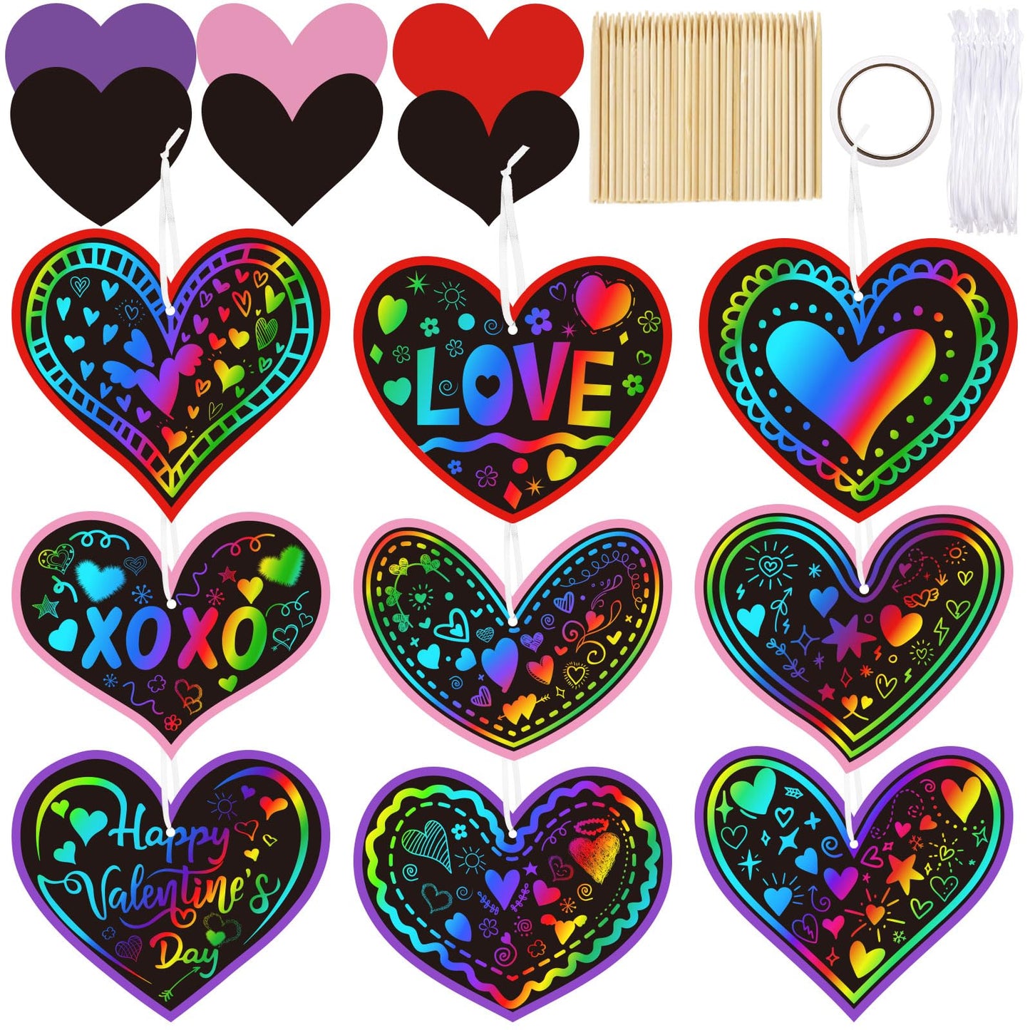 90shine 60 Sets Valentines Day Crafts for Kids Black Scratch Heart Magic Craft Art Kit Classroom Preschool Activities Party Favors