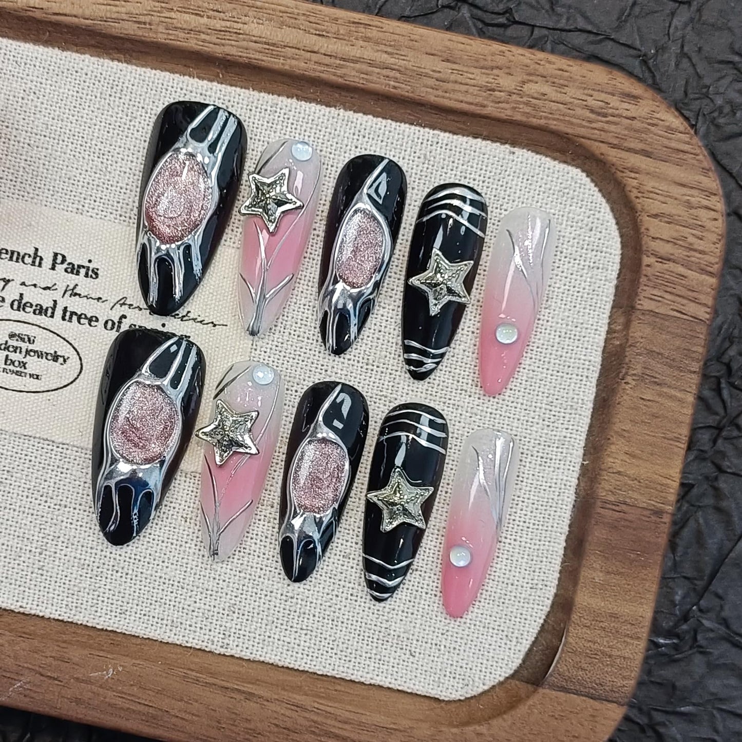 TENPAL Y2k Press on Nails long Stiletto,Black Star Charms Glitter Swirl, Soft Gel Fake Nails With Tools,Handmade Acrylic 10pcs/Box Pink False Nails With Air Brush Designs(XS)