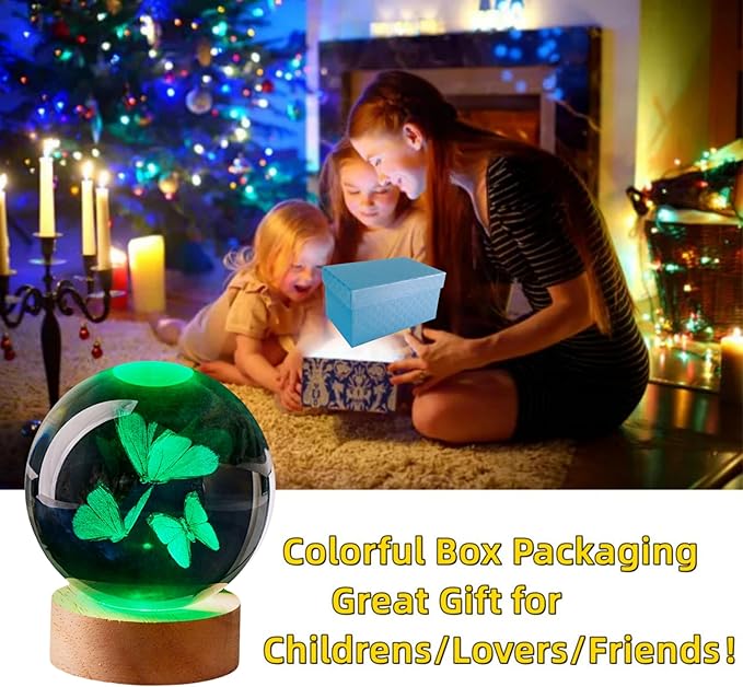 3D Butterfly Crystal Ball Lamp,Lifelike Three Butterflies Night Light,16 Colors Changing Light,Dimmable Remote Control, Gift Lamp (Butterfly)