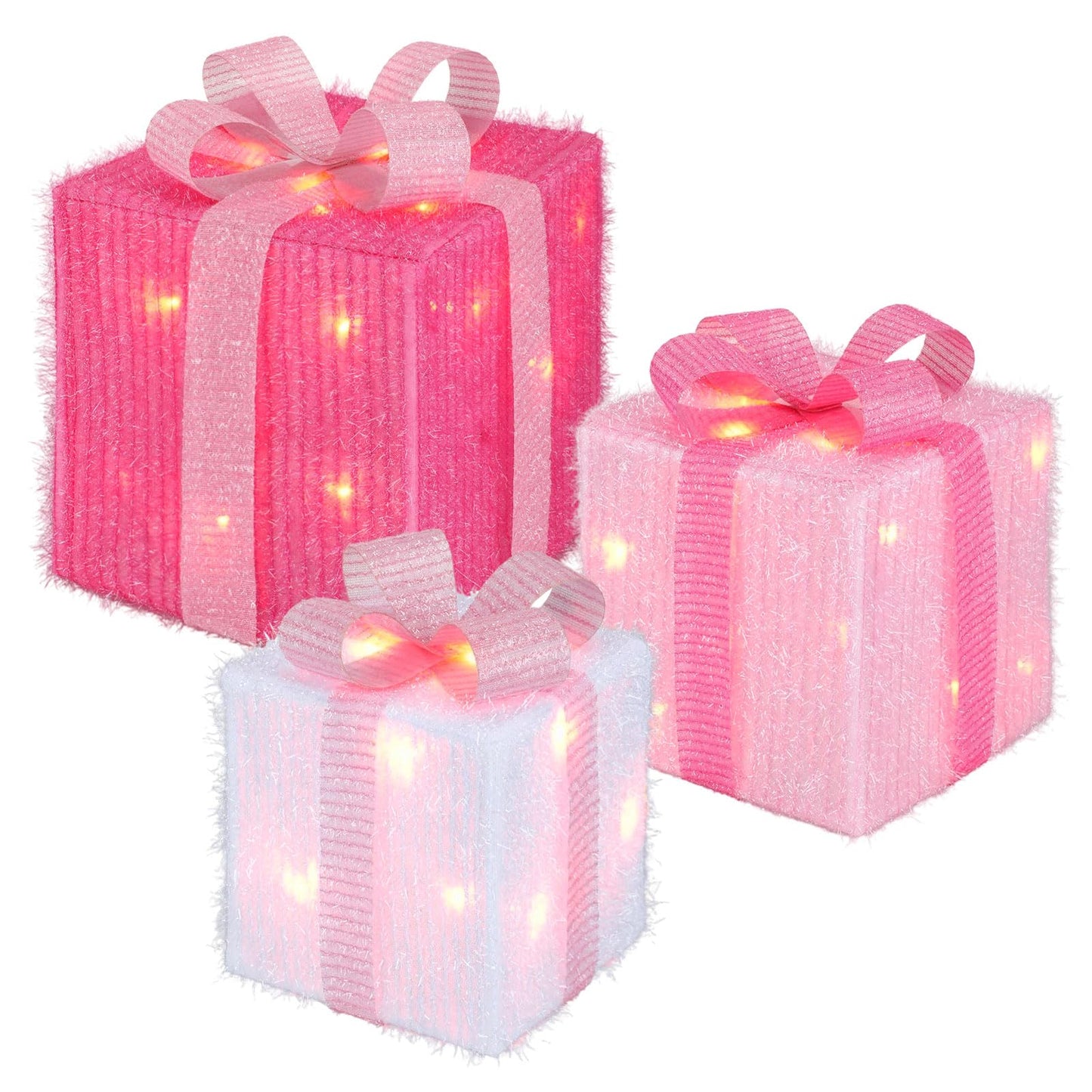 Otoolling 8 Mode 3 Packs Pink Valentines Decorations LED Light Up Valentines Lighted Gift Boxes with Glitter Bow Present Boxes USB Powered for Wedding Christmas Porch Room Decor Indoor Outdoor