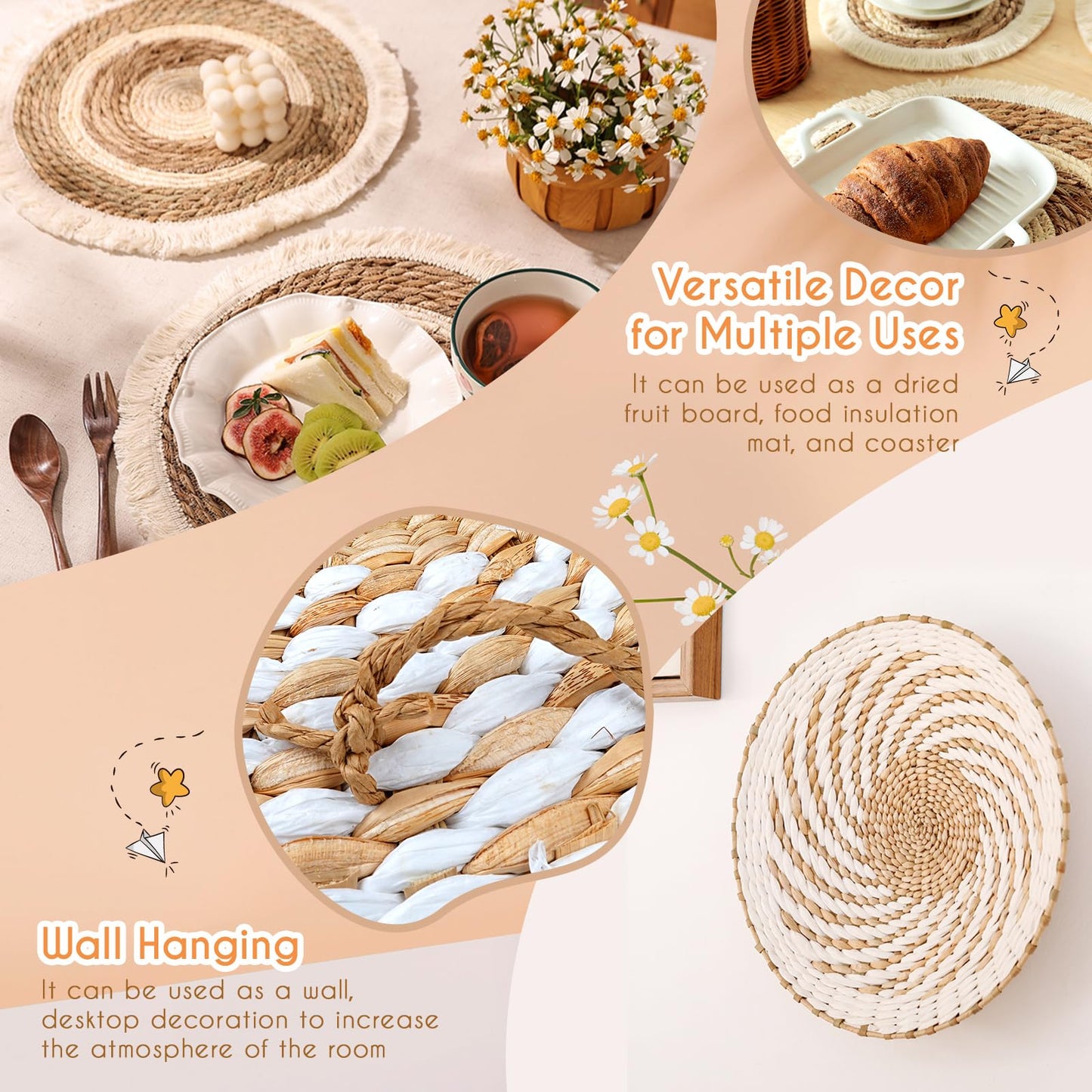 9PCS Boho Wall Baskets Set, Seagrass Rattan Wicker Basket Set, Round Handmade Hanging Basket Decor for Farmhouse Living Room Bedroom Display Table Kitchen Home