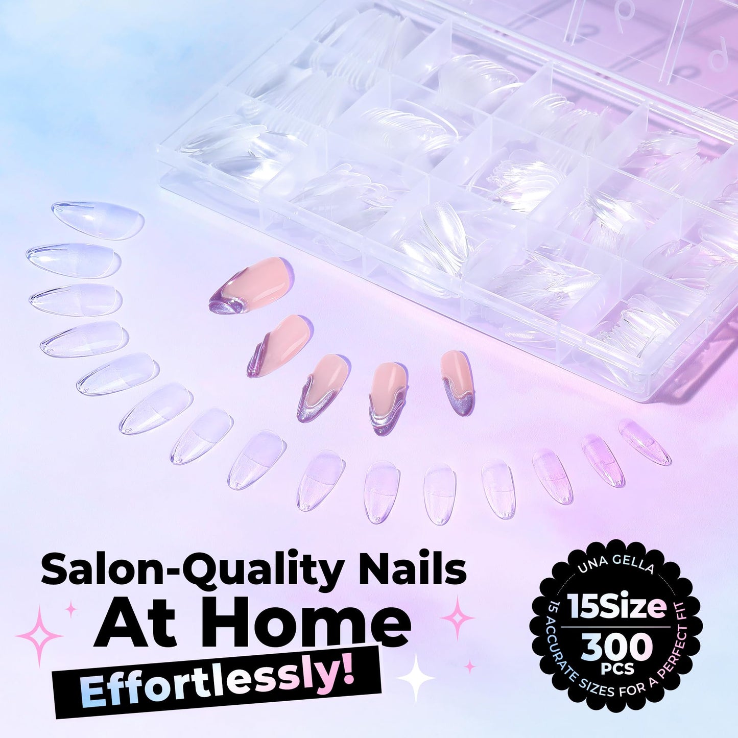 UNA GELLA Almond Nail Tips Medium 15 Sizes 300PCS Pre-Etched Gel Acrylic Nail Tips Almond Shape Easy Salon Press On Nails Long-Lasting Hold Full Cover Fake False Nails Snug Fit