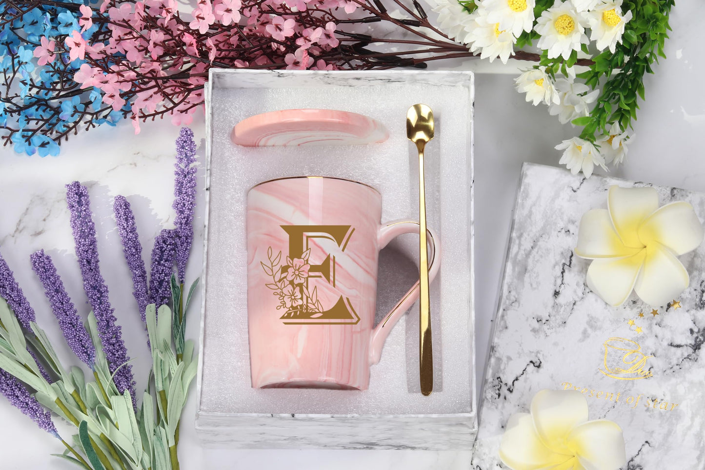 Letter E Personalized Initial Mugs with Flower, Letter E Personalized Novelty Coffee Mug, Novelty Letter Coffee Mugs for Women, Bridal Shower Gifts, Women's Initials Gifts Coffee Mug 14 Ounce Pink