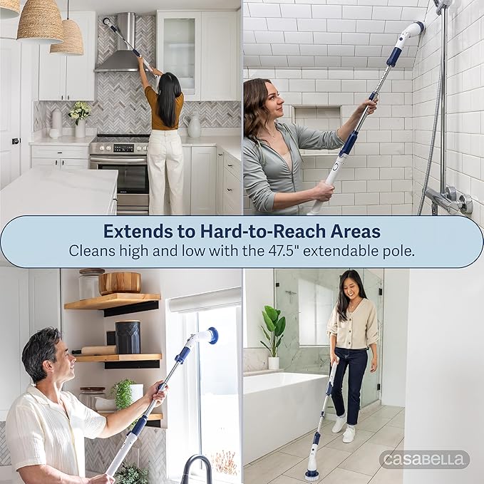 Casabella Power Spin Scrubber, Extendable to 47.5” – Cordless Electric Cleaner for Shower, Kitchen, Bathroom, Tile, Tub, Car, Deck - Rechargeable Spin Brush with Adjustable Brush Head & 4 Attachments