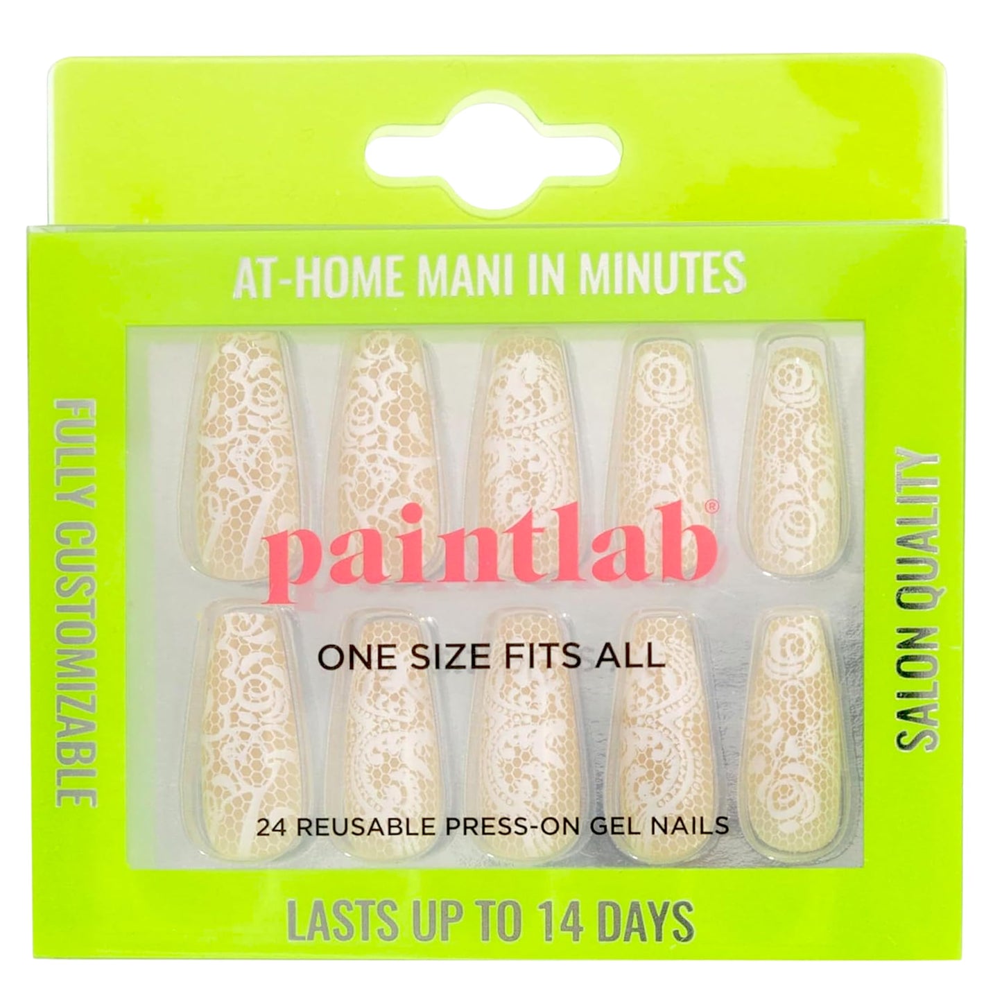 PaintLab Press On Nails - Beige Lace Coffin Fake Nails, 30 Nails in 15 Sizes with Glue, Reusable Salon Quality Press On Nails