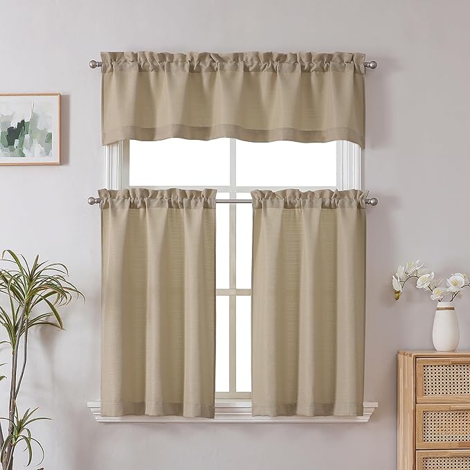 Chyhomenyc Camel Curtains - 30 Inch Length, Faux Linen Textured Small Cafe Curtains, Light Filtering for Bathroom Windows, 30x30 Inch, 2PCS