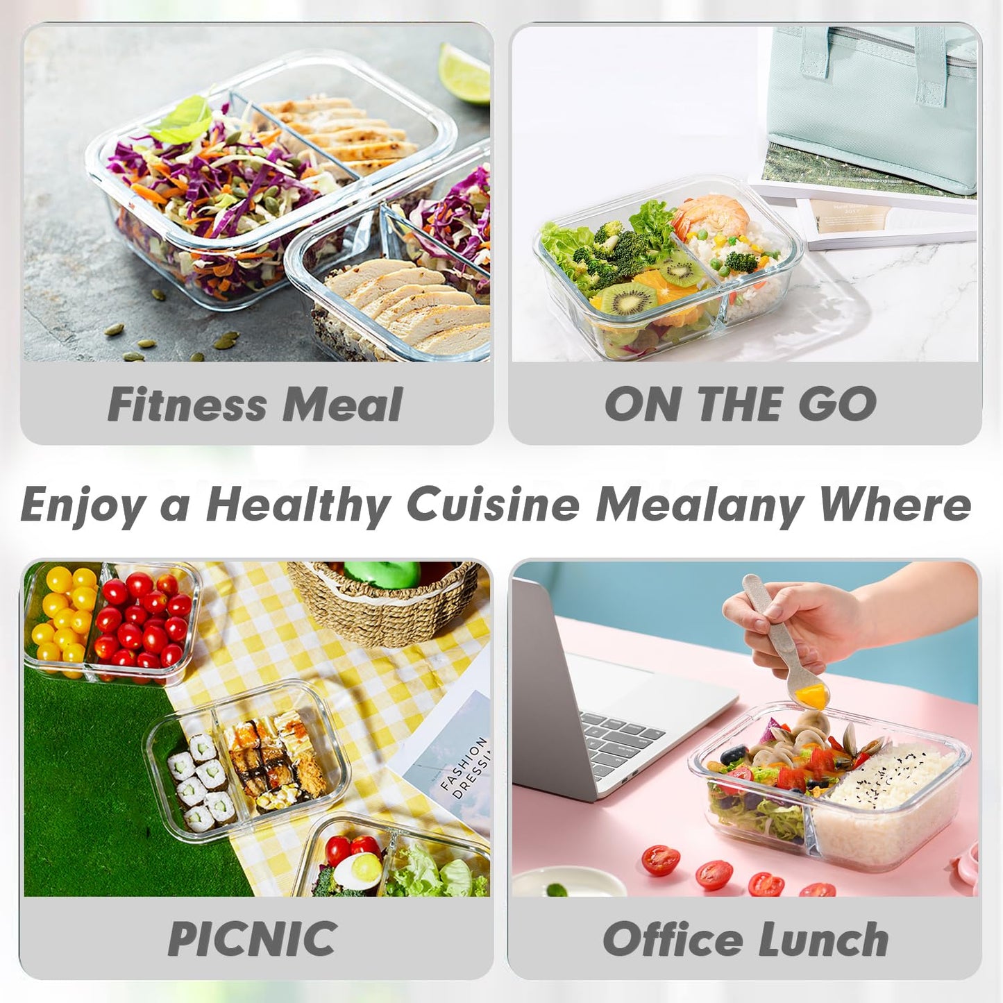 VERONES 10 Pack Glass Meal Prep Containers 2 Compartment Set, 30 OZ Airtight Glass Lunch Containers, Glass Food Storage Containers with Lids, for Microwave, Oven, Freezer & Dishwasher Friendly，White