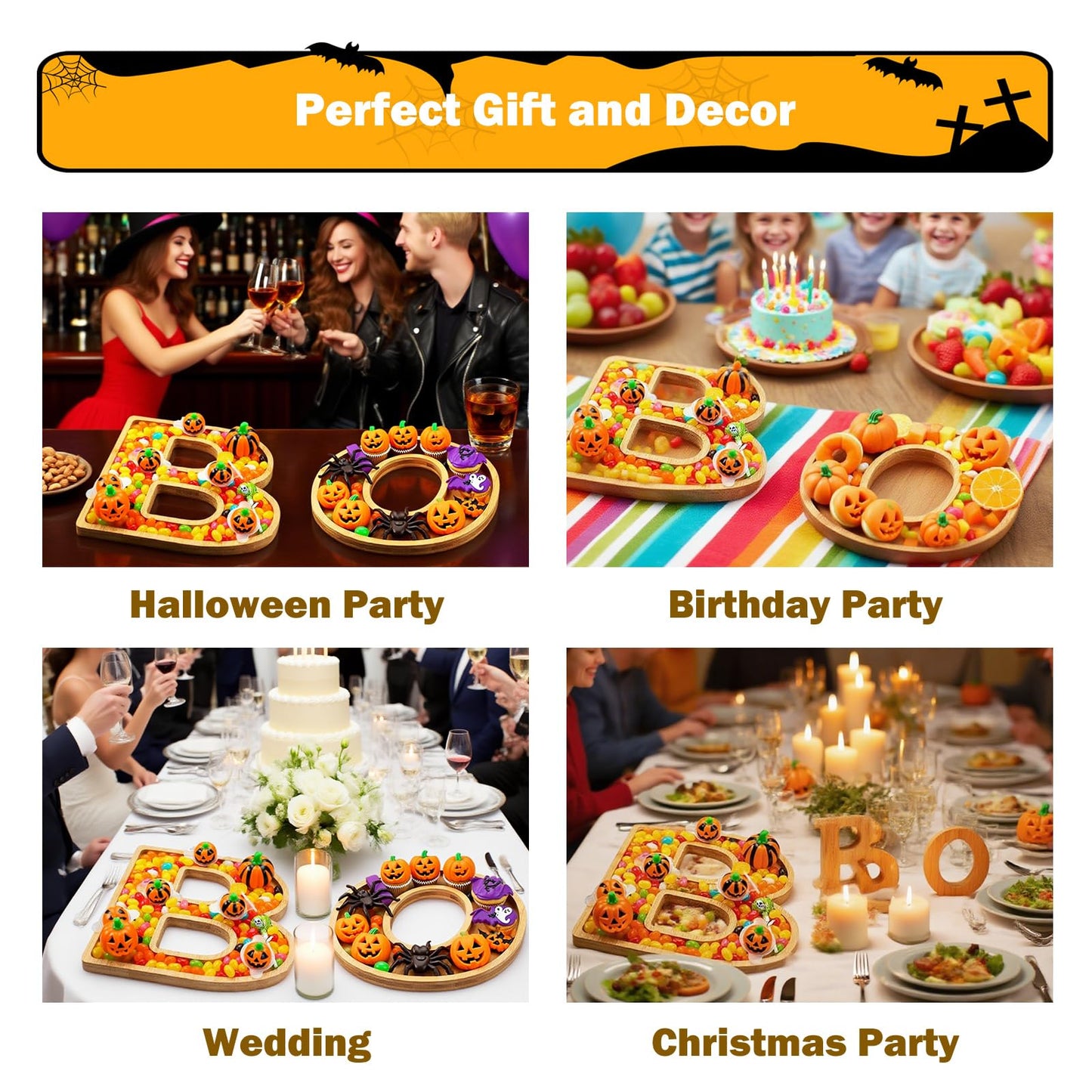 Charcuterie Board,3PCS Boo Serving Food Tray,Bamboo Wood Letter Cheese Board Platter,Christmas Party Table Decorations Serving Dishes for Kitchen Candy Cookie