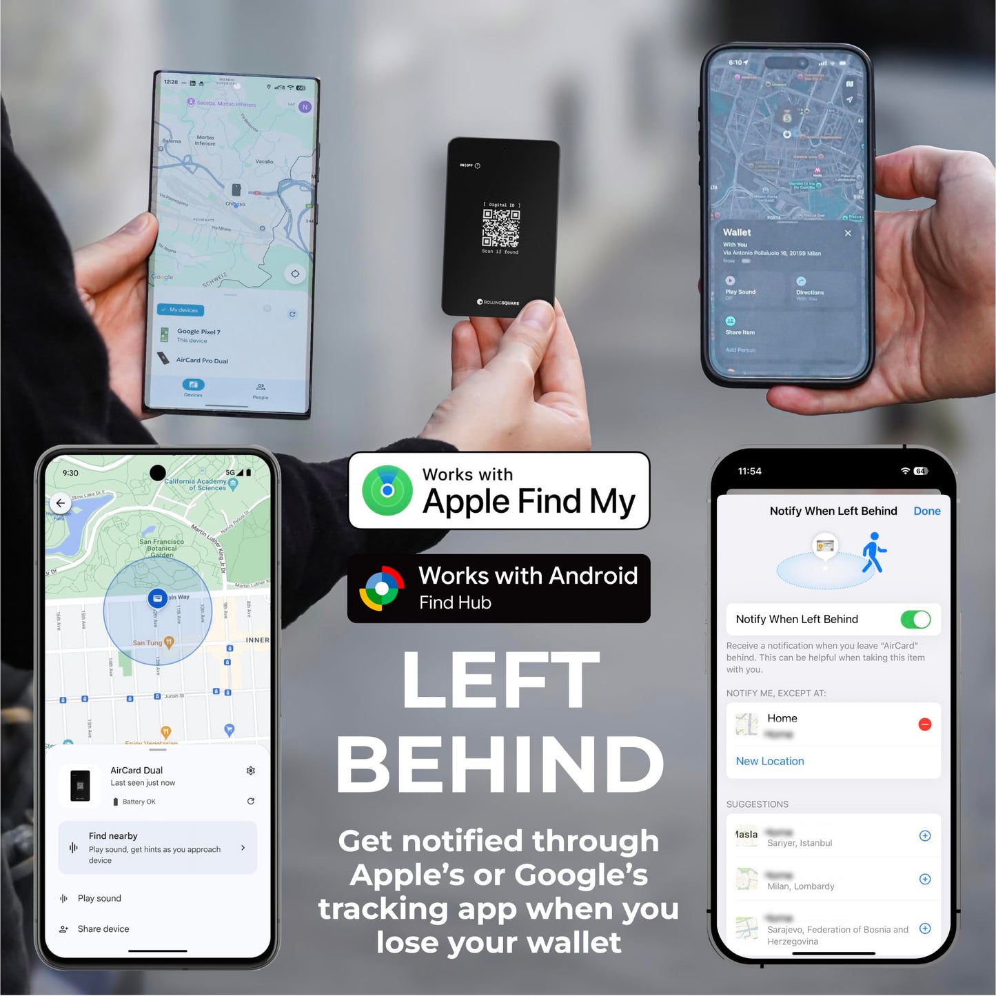 Rolling Square AirCard Dual - Bluetooth Wallet Tracker - Compatibile with Both Apple iOS Find My and Google Android Find Hub – Wireless Charging, Anti-Loss Card – Smart Locator, Black