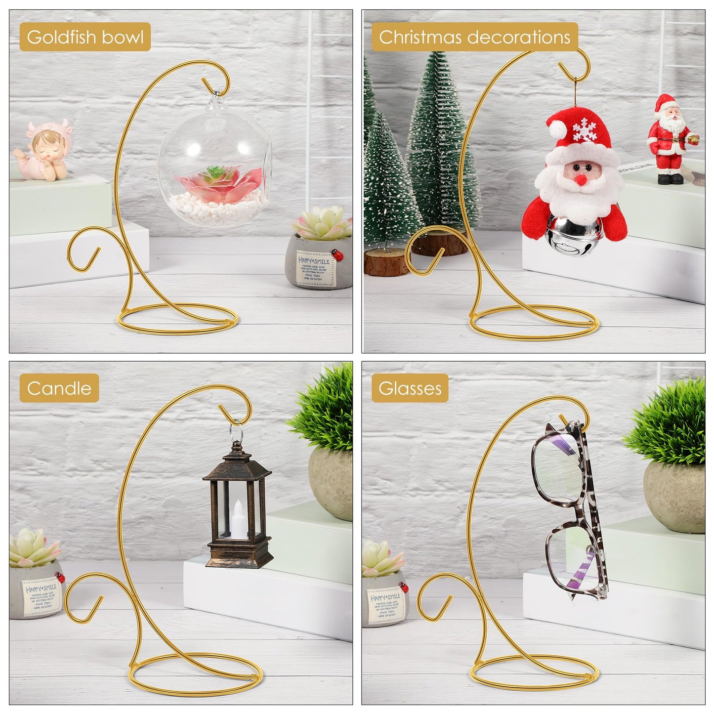 Tandefio 16 Pcs 9" H Ornament Display Stand Iron Hanging Stand Christmas Ornament Hanger Holder Decoration Display Holder Hook for Glass Globe Air Plant Terrarium Table Decor(Gold)