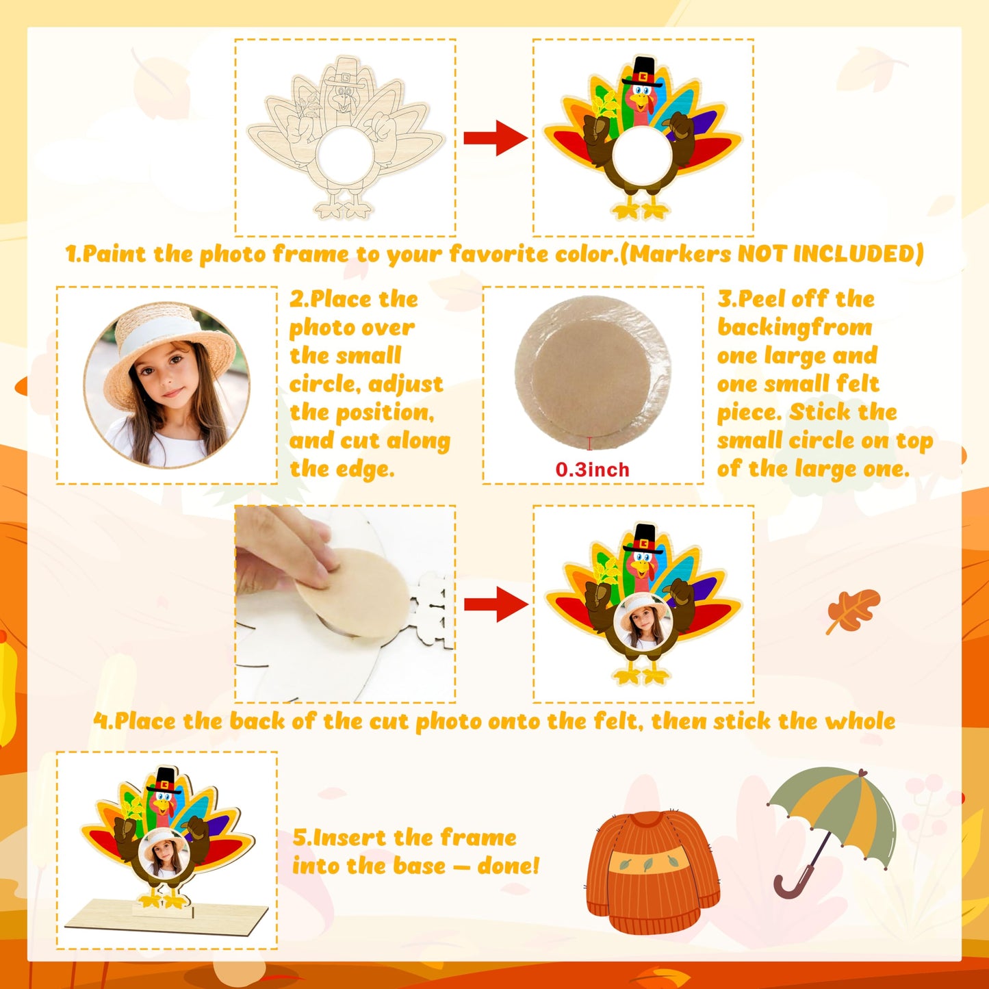 Moon Boat 16Pcs Thanksgiving Crafts Wooden Turkey Picture Frame DIY Painting Arts Kit Fall Party Favors Classroom Activities Table Decorations