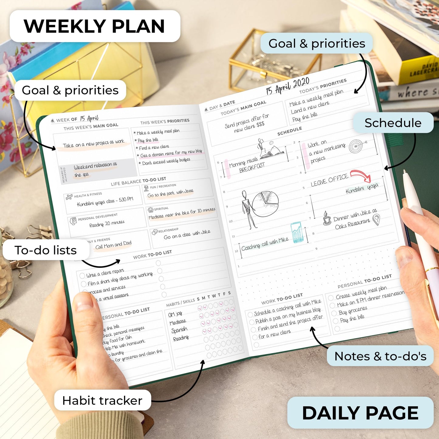 Clever Fox Planner Daily Premium – Undated Daily Planner with Hourly Schedule, Personal Organizer, Productivity Journal, 6 Months (Forest Green)