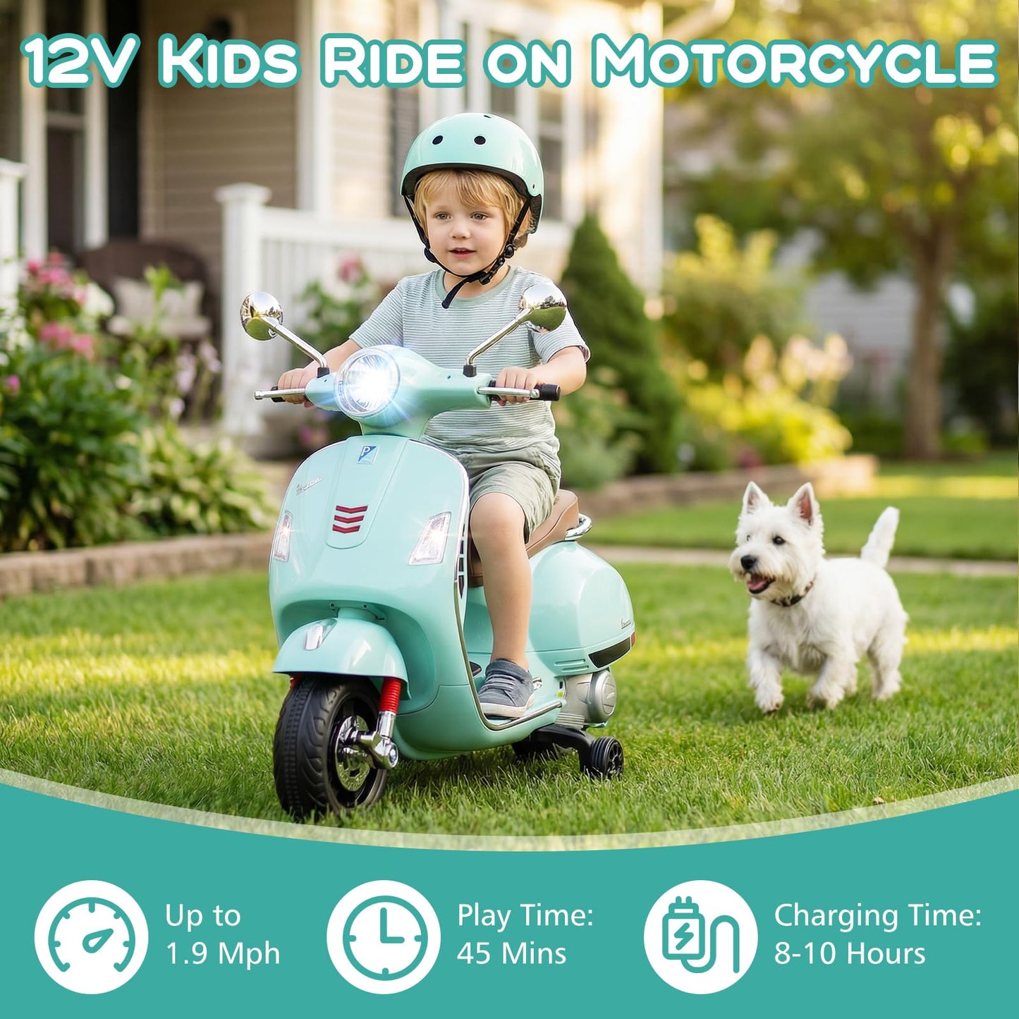 Licensed Vespa 12V Kids Motorcycle by INFANS with Training Wheels, Music, Story, Horn, Lights for 3-6 Years (Green)