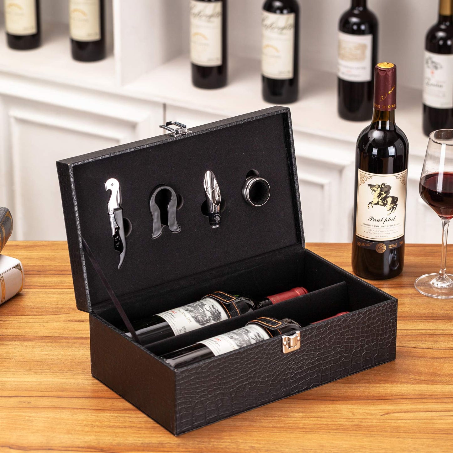 HiCrast Premium Leatherette Wine Carrier, 2 Bottle Handmade Top Handle Travel Gift Box With 4 Accessories