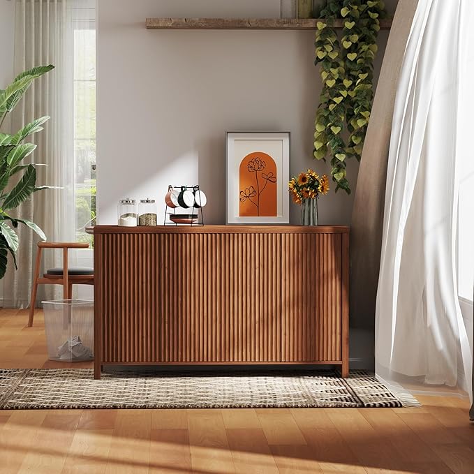 YOUDENOVA Fluted Buffet Cabinet with Storage, Modern Sideboard Cabinets with 4 Doors & Adjustable Shelves, Accent 56” Credenza Storage Cabinet, Wood Entryway Cabinet for Living Room Hallway, Brown