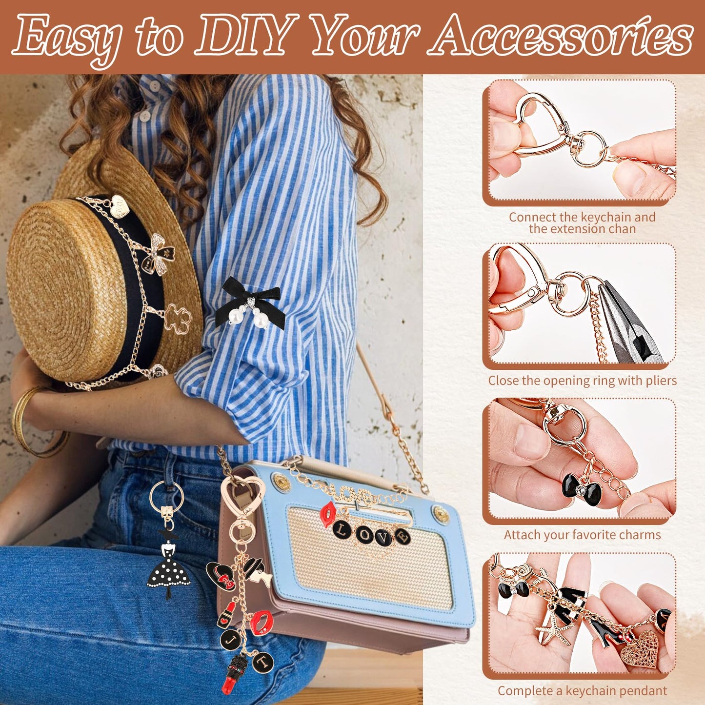 Prdingfy 477Pcs Lip Gloss Keychain Making Kit with Plier & Puncher, DIY Bag Charm & Bracelet Making Supplies, Alphabet Charms & Key Hooks for Personalized Gifts & Small Business