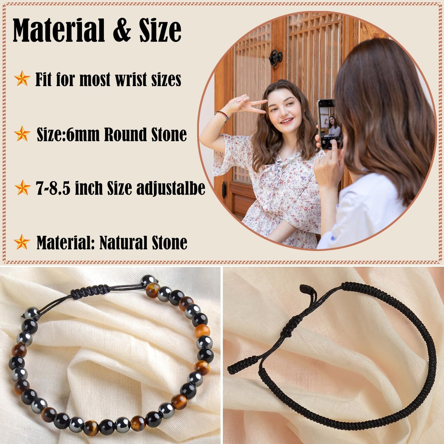 LPBeads 6mm Onyx Tiger's eye Hematite Mixed stone Bracelet with Handmade Rope Bracelet Size Adjustable Natural Stone Crystal Healing Bracelets Gifts for Unisex Adults
