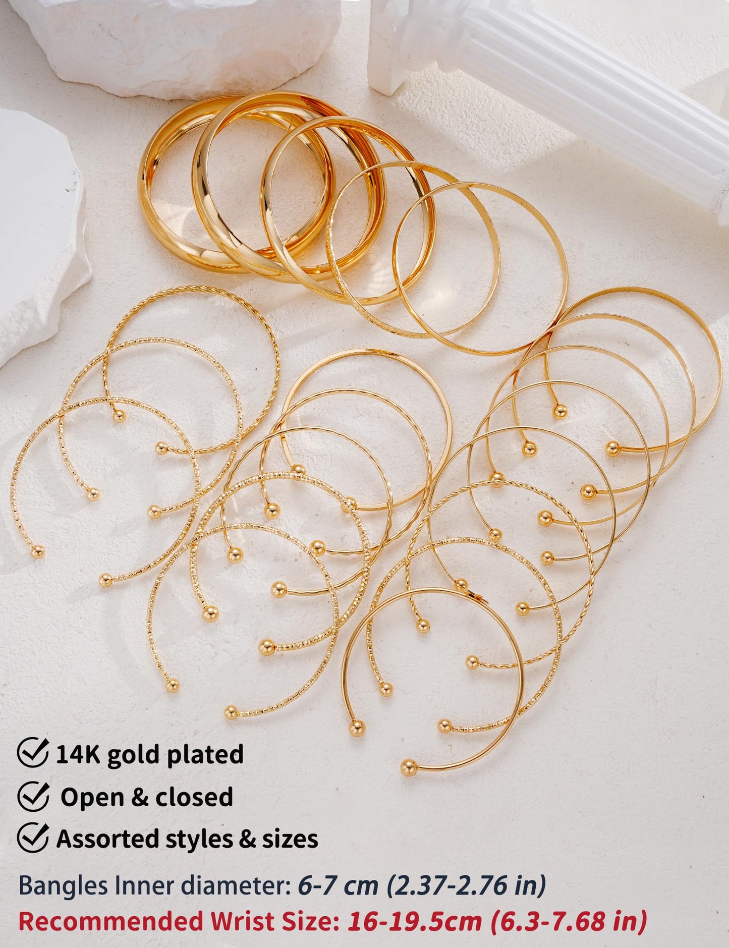 ÌF ME Gold Bangle Bracelets for Women, 19Pcs Multi Stackable Textured Bangles Set, Statement 14K Gold Plated Chunky Star Bracelet Stack Boho Jewelry Gifts