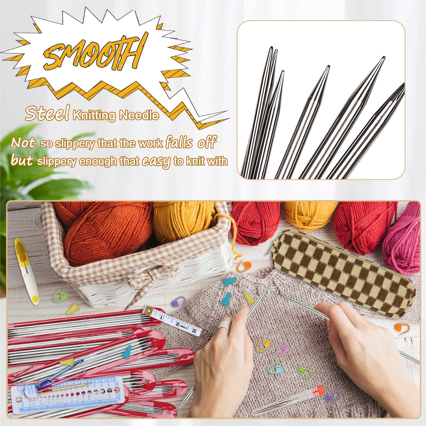 Aeelike 55pcs Double Pointed Knitting Needles - Short Knitting Needles Set Straight Knitting Needles Double Pointed for Beginners - 11 Sizes Stainless Steel Metal Knitting Needle Sets 2mm to 6.5mm
