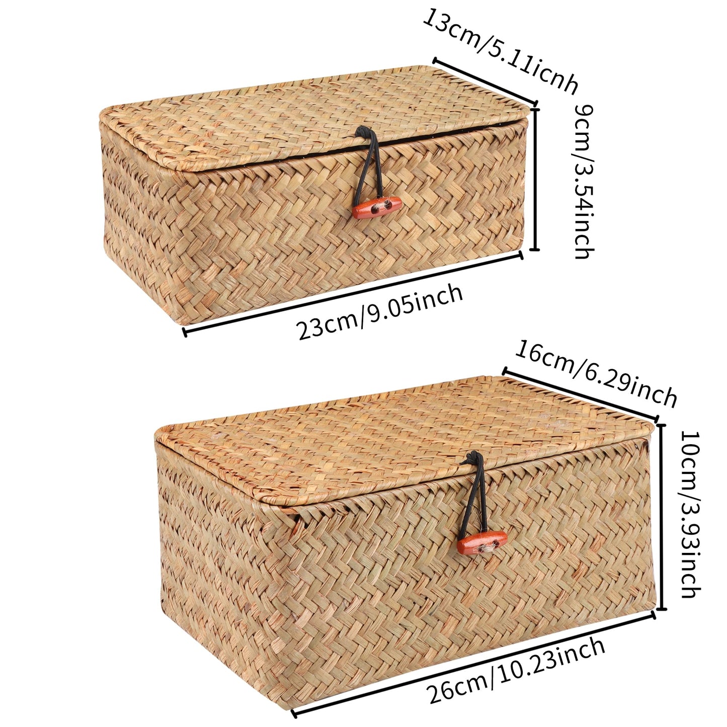 Moosky Wicker Shelf Baskets with Lid,Handwoven Seagrass Basket for Storage Basket Bins Rectangular Home Organizer Gift Boxes (Natural Set of 2)