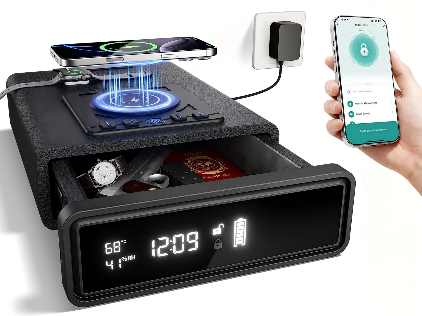 ORARAER Smart Biometric Gun Safe with Wireless Charging, Bluetooth App Control, 4 Unlock Methods, Bedside Drawer Safe LED Display,Money Box for Valuables, Gifts for Men