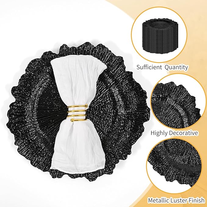 50 Pcs Black Charger Plates Bulk 13 Inch Plastic Charger Plates for Dinner Plate, Black Chargers for Table Setting, Reef Design Plate Floral Decorative Round Chargers for Wedding Party, Event