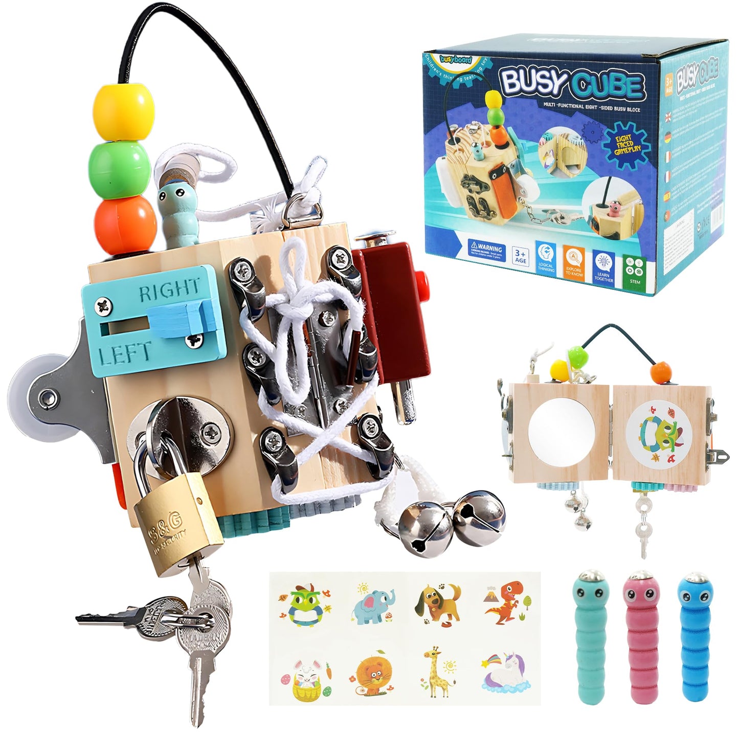 Ark miido Busy Cube for Kids 15-in-1 Sensory Busy Board Travel Toy Handmade Montessori Educational Learning Toys Activity Board Wooden Activity Cubes for Toddlers 1 2 3 4 5 Years Old
