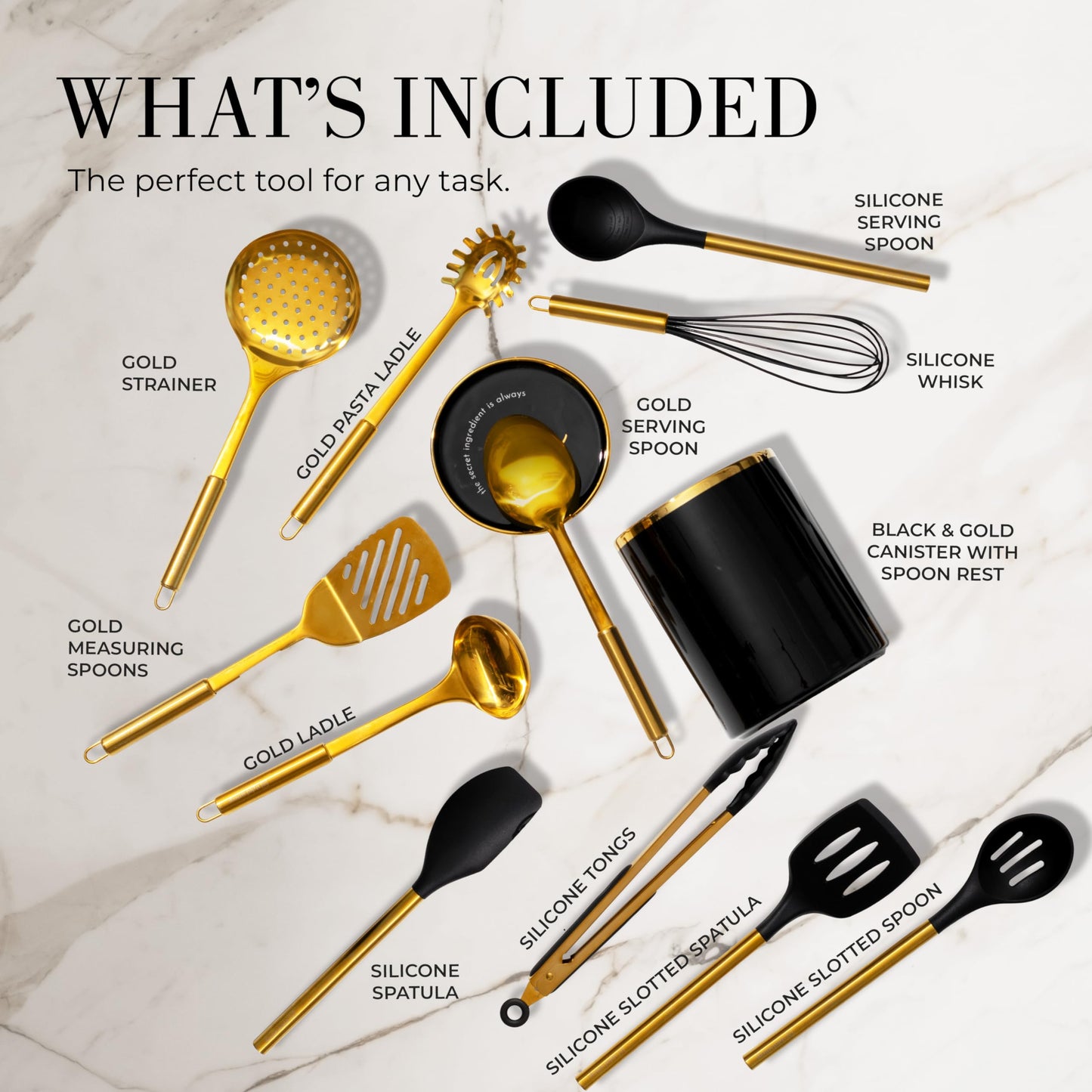 STYLED SETTINGS Black and Gold Cooking Utensils Set - 13-Piece Kitchen Set with Black Ceramic Utensil Holder and Stackable Gold Spoon Rest - Luxury Kitchen Accessories for Stylish Cooking and Serving