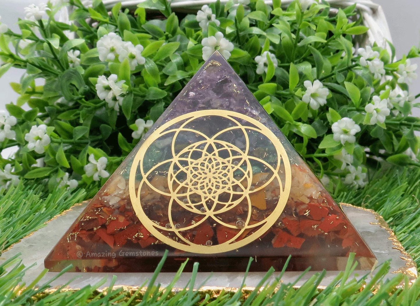 Amazing Gemstone Large Orgone Pyramid | Natural Chakra Pyramid Crystal | Seed of Life Orgonite Pyramid | Organ Pyramids Positive Energy Healing