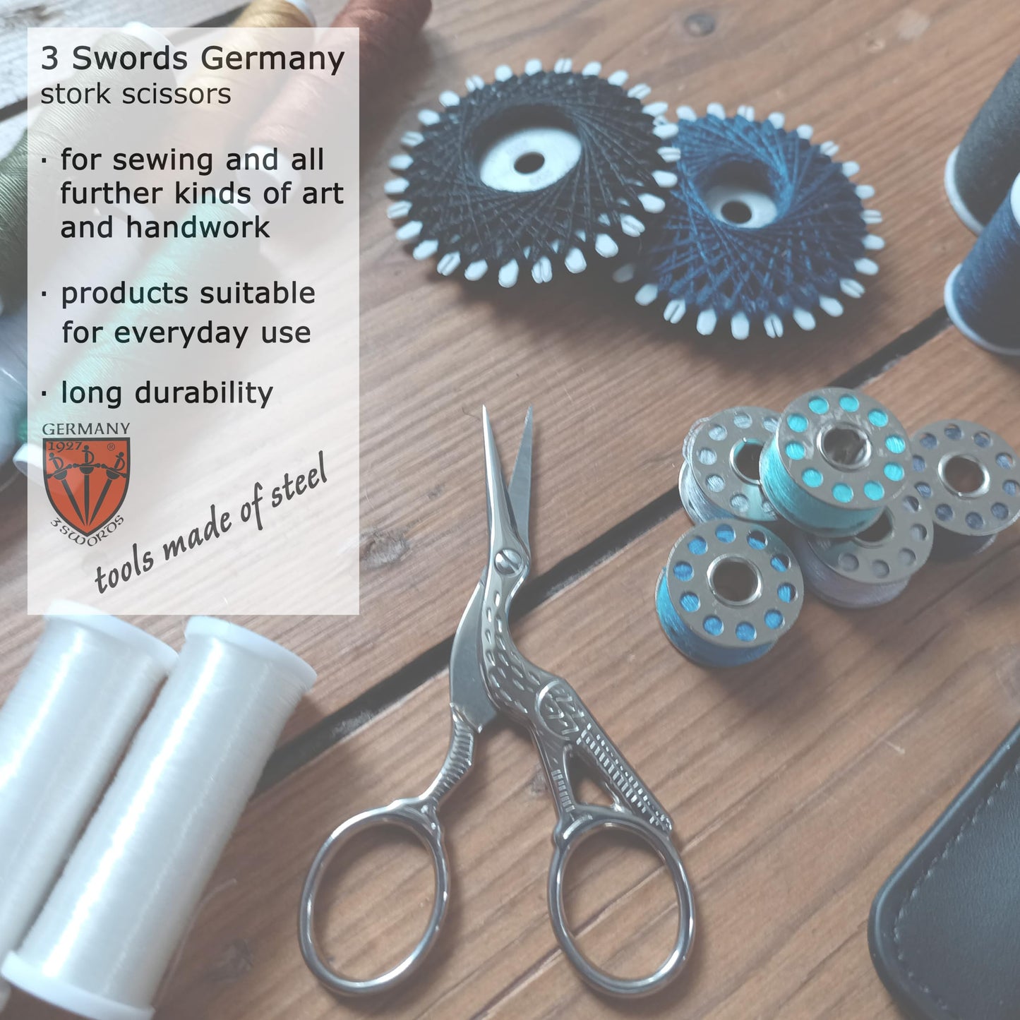 3 Swords Germany - Embroidery Scissors, Stork Scissors Shears for Art Work, Daily Use in Household, Sewing, crocheting, Art Work, Craft, needle work with black Synthetic Leather case